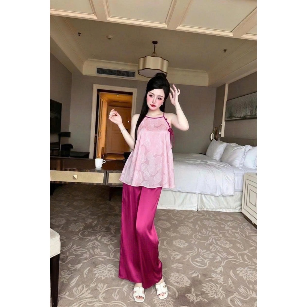 Bộ yếm nữ Vy Linh quần dài chất liệu gấm họa tiết hoa lá (TÙY LÔ) phối quần lụa latin thoáng mát s1256