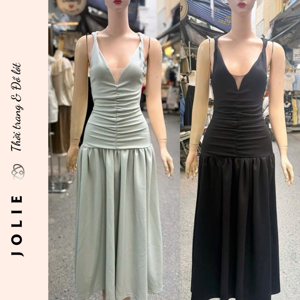 Váy Maxi JOLIE Thiết Kế Cổ V Nhún Thân Dáng Dài Sang Trọng Đi Biển Dự Tiệc