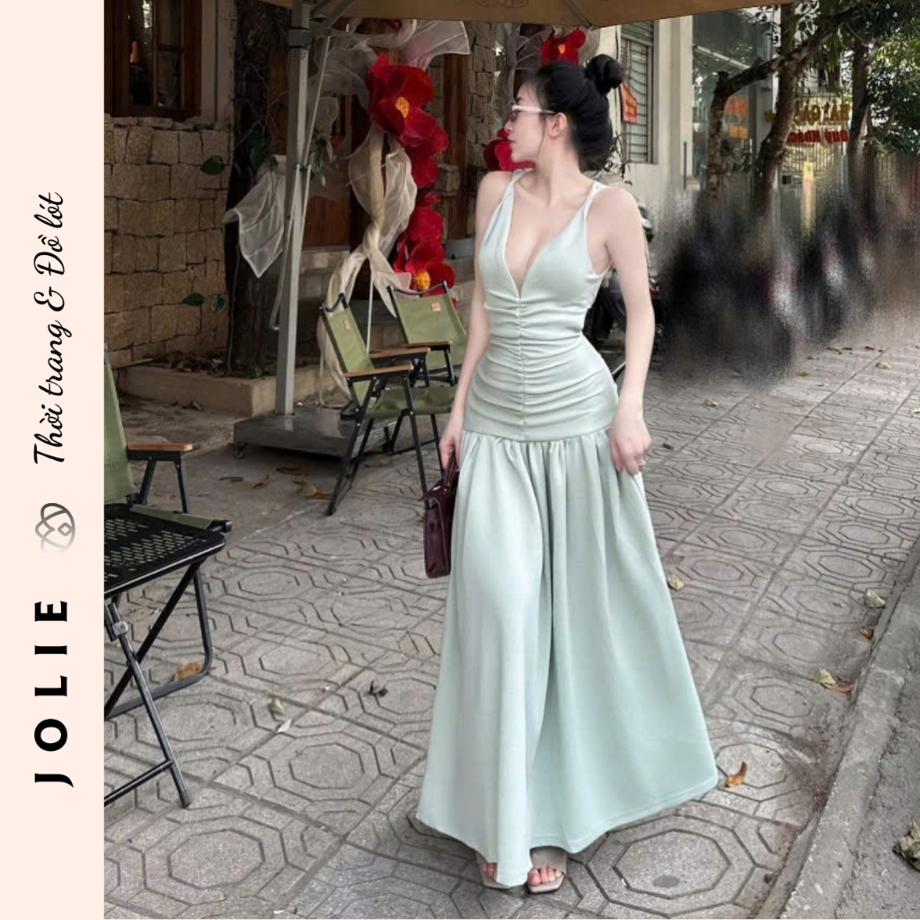 Váy Maxi JOLIE Thiết Kế Cổ V Nhún Thân Dáng Dài Sang Trọng Đi Biển Dự Tiệc