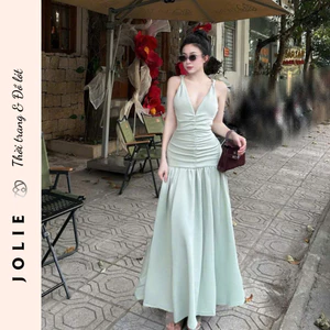 Váy Maxi JOLIE Thiết Kế Cổ V Nhún Thân Dáng Dài Sang Trọng Đi Biển Dự Tiệc