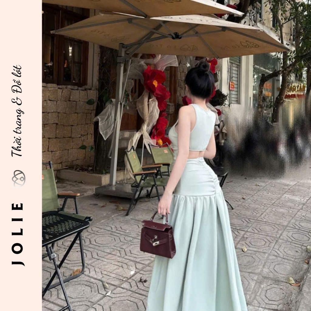 Váy Maxi JOLIE Thiết Kế Cổ V Nhún Thân Dáng Dài Sang Trọng Đi Biển Dự Tiệc
