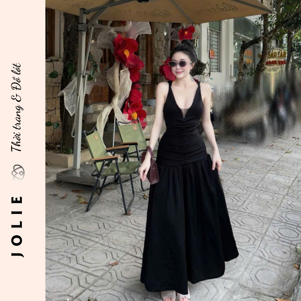Váy Maxi JOLIE Thiết Kế Cổ V Nhún Thân Dáng Dài Sang Trọng Đi Biển Dự Tiệc