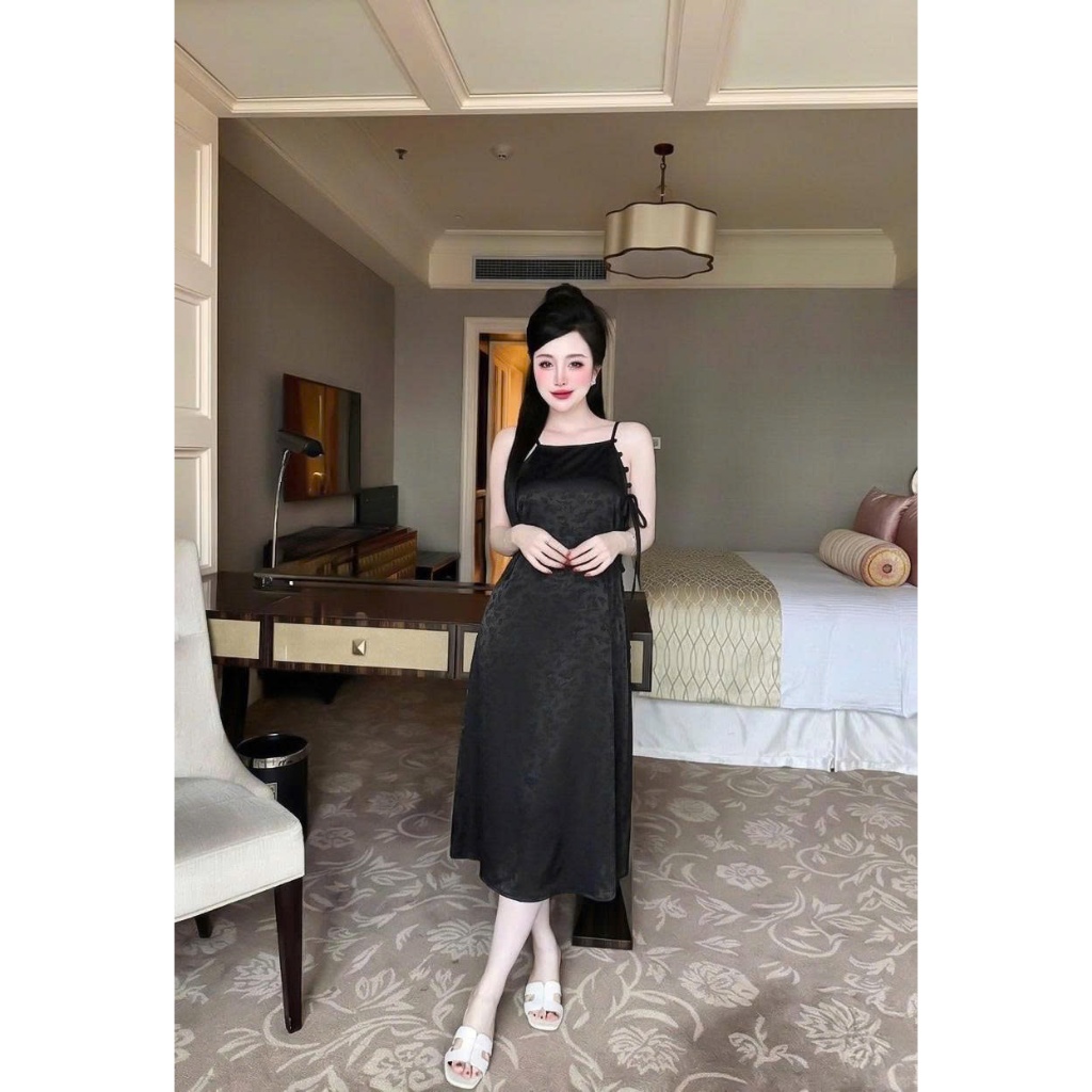 Đầm ngủ hai dây nữ Vy Linh chất liệu gấm họa tiết hoa lá (TÙY LÔ) xinh xắn thoáng mát, mềm mại S1324
