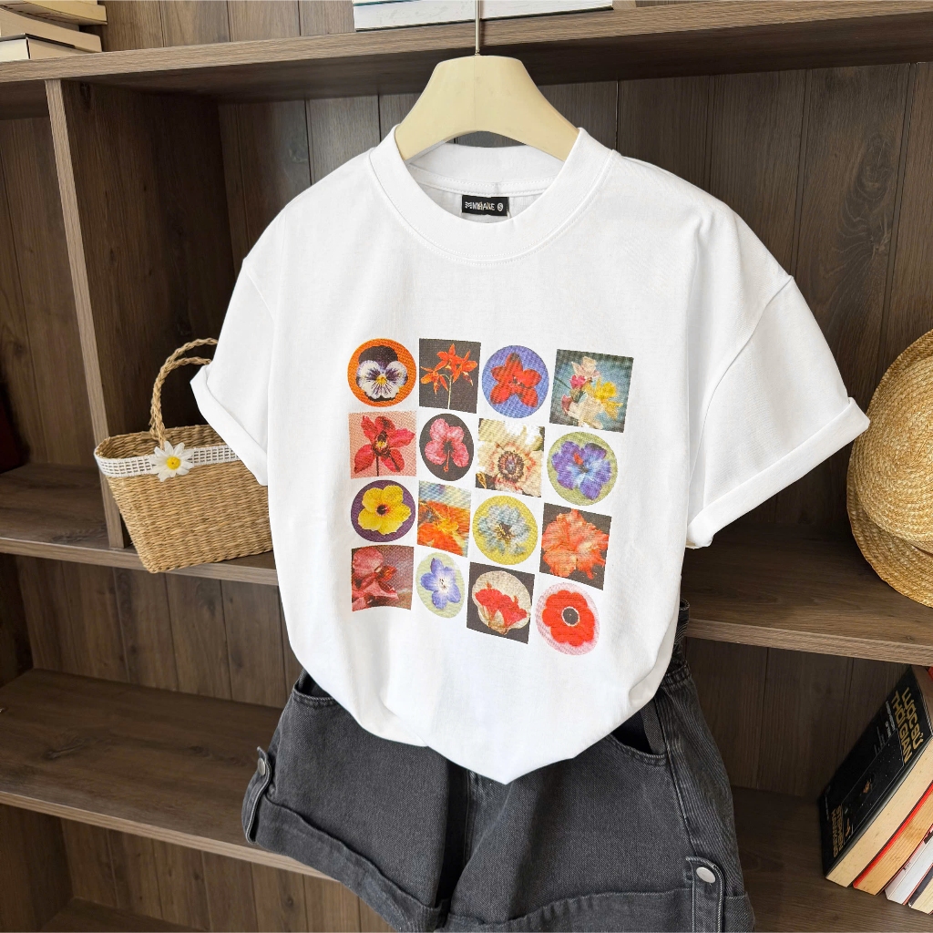 Áo Thun Boxi Ô Hoa Trắng Năng Động, Chất Cotton Mềm Mịn, Có Kèm Hình Thật.