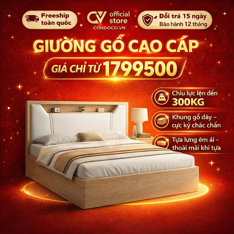 CONOCO Giường ngủ gỗ bọc nệm có kệ đầu giường lưu trữ thông minh gỗ thông Nga ván E1 đa size 1m2-1m8