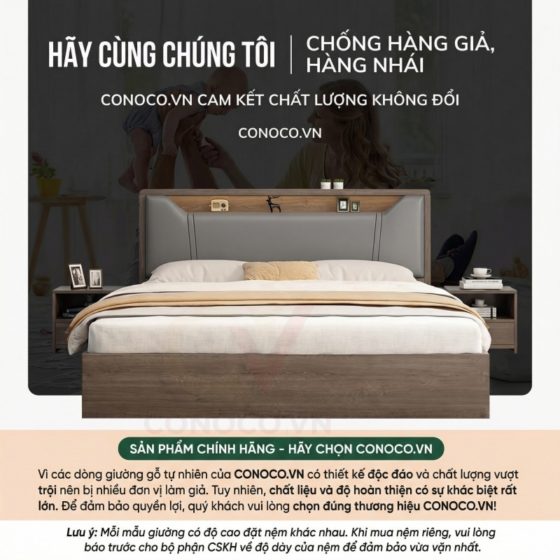 CONOCO Giường ngủ gỗ bọc nệm có kệ đầu giường lưu trữ thông minh gỗ thông Nga ván E1 đa size 1m2-1m8