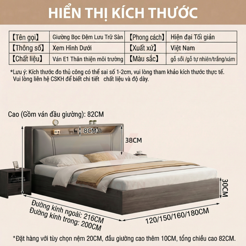 CONOCO Giường ngủ gỗ bọc nệm có kệ đầu giường lưu trữ thông minh gỗ thông Nga ván E1 đa size 1m2-1m8