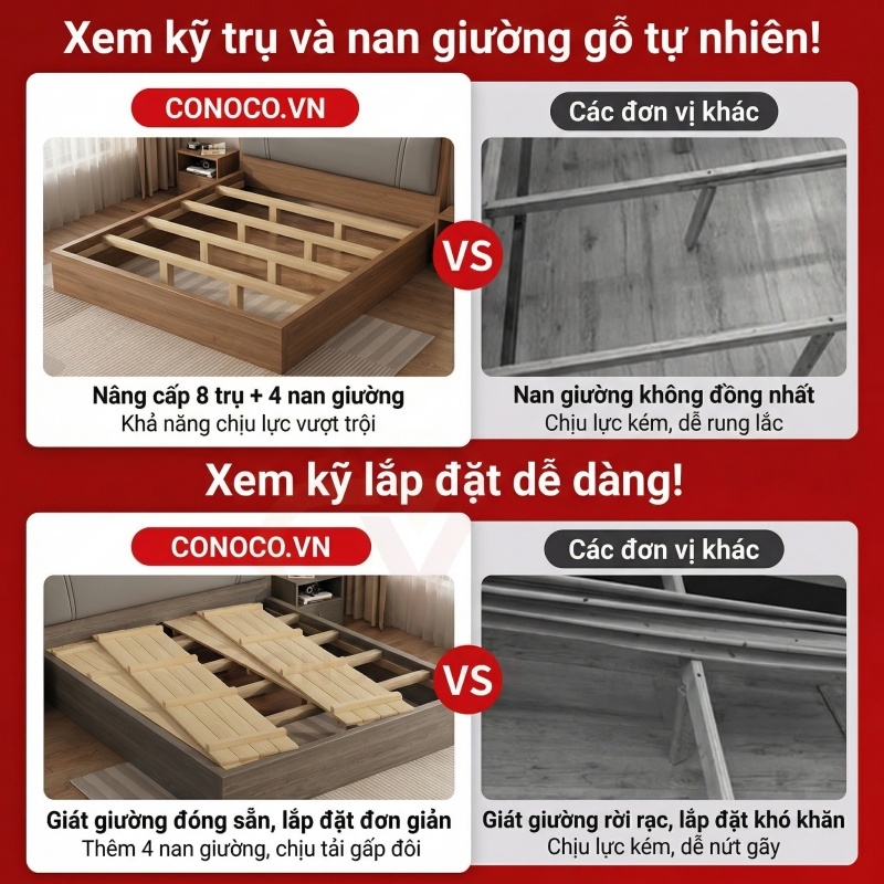 CONOCO Giường ngủ gỗ bọc nệm có kệ đầu giường lưu trữ thông minh gỗ thông Nga ván E1 đa size 1m2-1m8