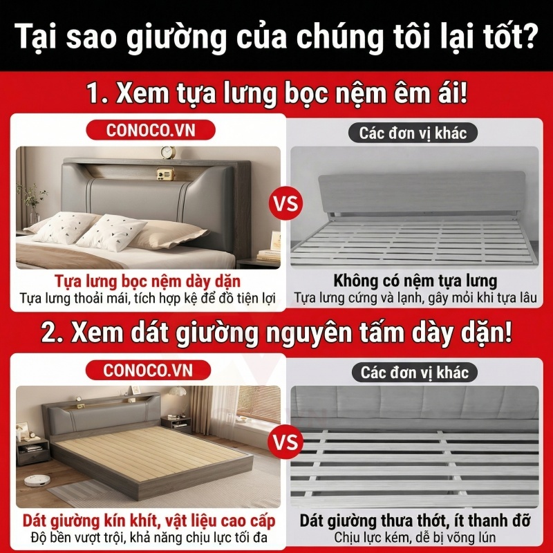 CONOCO Giường ngủ gỗ bọc nệm có kệ đầu giường lưu trữ thông minh gỗ thông Nga ván E1 đa size 1m2-1m8