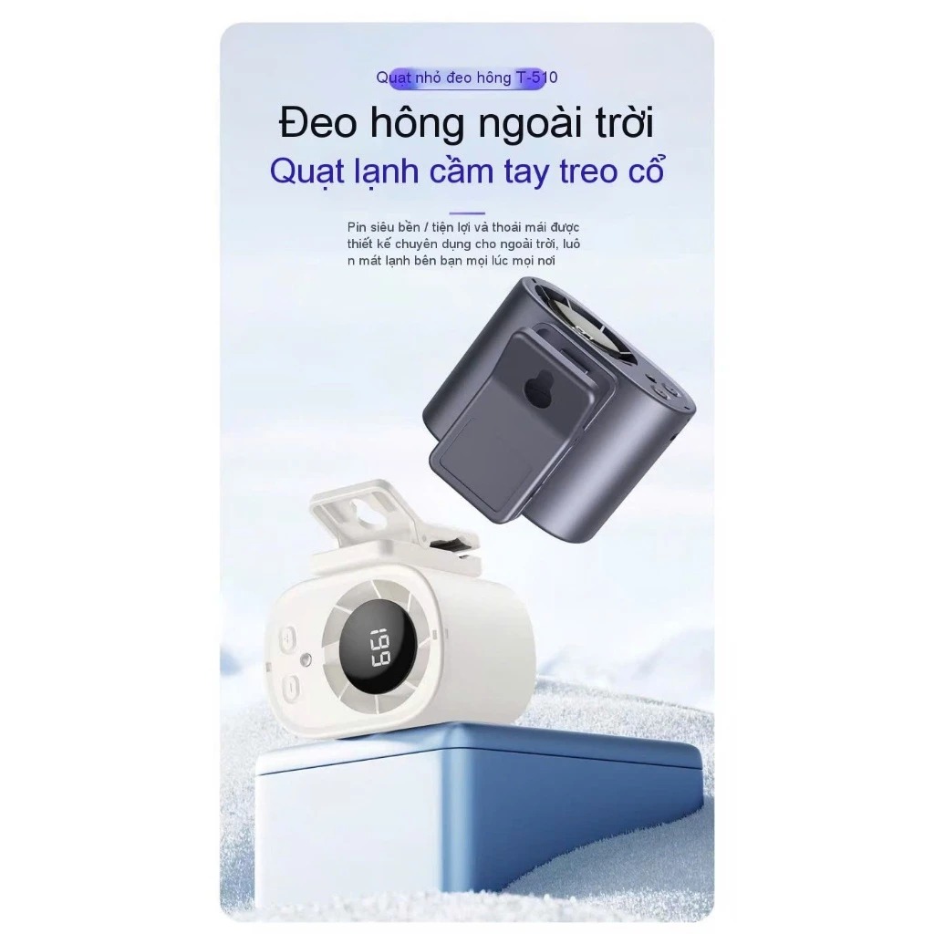 Quạt Đeo Kẹp Thắt Lưng Mini T510-199 Gió Mạnh Mẽ Có Màn Hình LED Dùng 2-3h Đi Chơi Đạp Xe Công Trình Thể Thao_Q8
