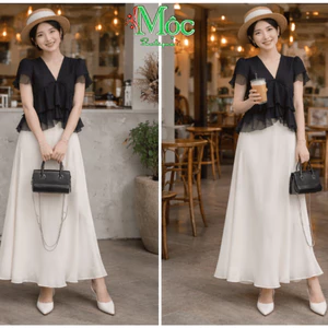 Set váy dài, set nữ thanh lịch áo Voan Tơ bèo tầng nhẹ nhàng chân váy Tuyết Nhung có lót hot trend