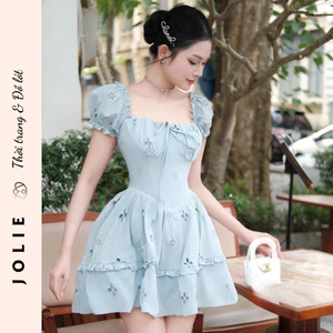 Váy Ren Đục Lỗ JOLIE Dáng Xòe Cổ Vuông Tay Bồng Thiết Kế Tiểu Thư Sang Chảnh Đi Chơi Hẹn Hò