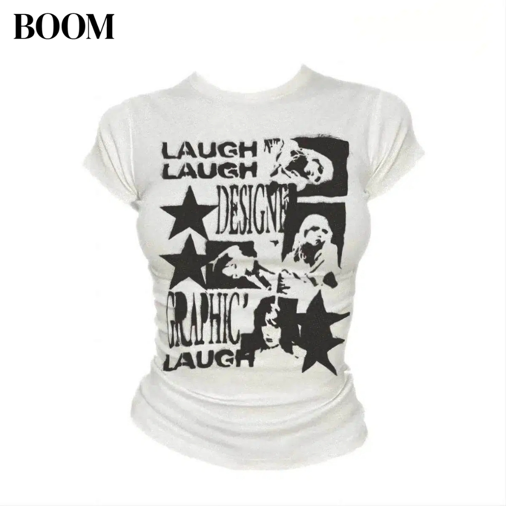 BOOM Áo Baby Tee Nữ Cotton Ôm Body-Áo Thun Ngắn Tay Y2K In Hình PhongCách Mùa Hè, Cổ Tròn Hàng Đầucách hàn quốc phong #1