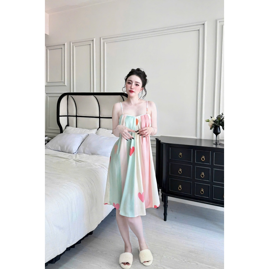 Đầm ngủ 2 dây Vy Linh chất liệu lụa latin họa tiết 3D xinh xắn thoáng mát, mềm mại S933