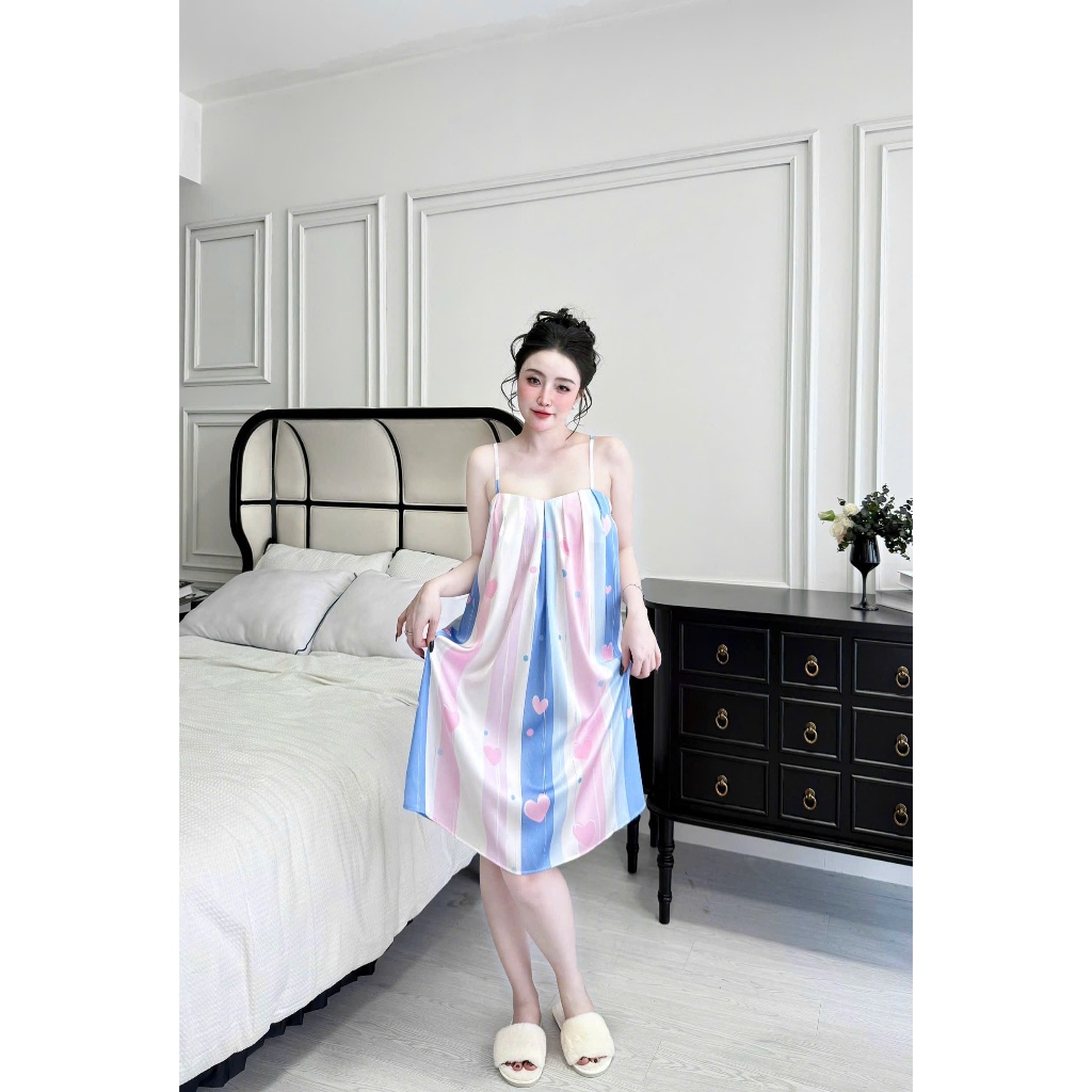 Đầm ngủ 2 dây Vy Linh chất liệu lụa latin họa tiết 3D xinh xắn thoáng mát, mềm mại S933