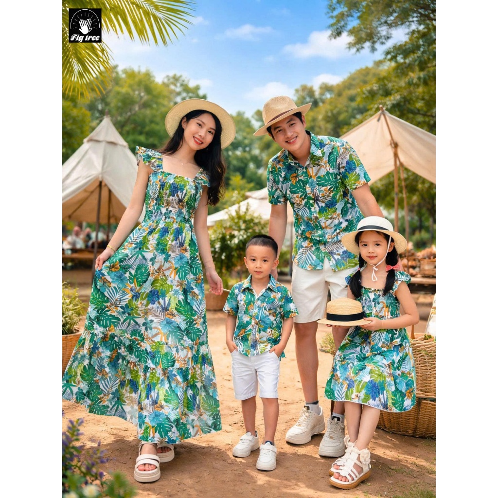 Đồng Phục Gia Đình Fig Tree Họa Tiết Chiếc Lá Xanh Đi Biển, Du Lịch, Check in Cực Xinh, MS 191