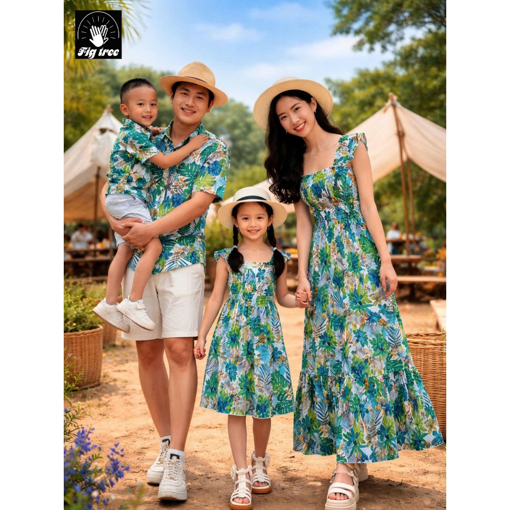 Đồng Phục Gia Đình Fig Tree Họa Tiết Chiếc Lá Xanh Đi Biển, Du Lịch, Check in Cực Xinh, MS 191