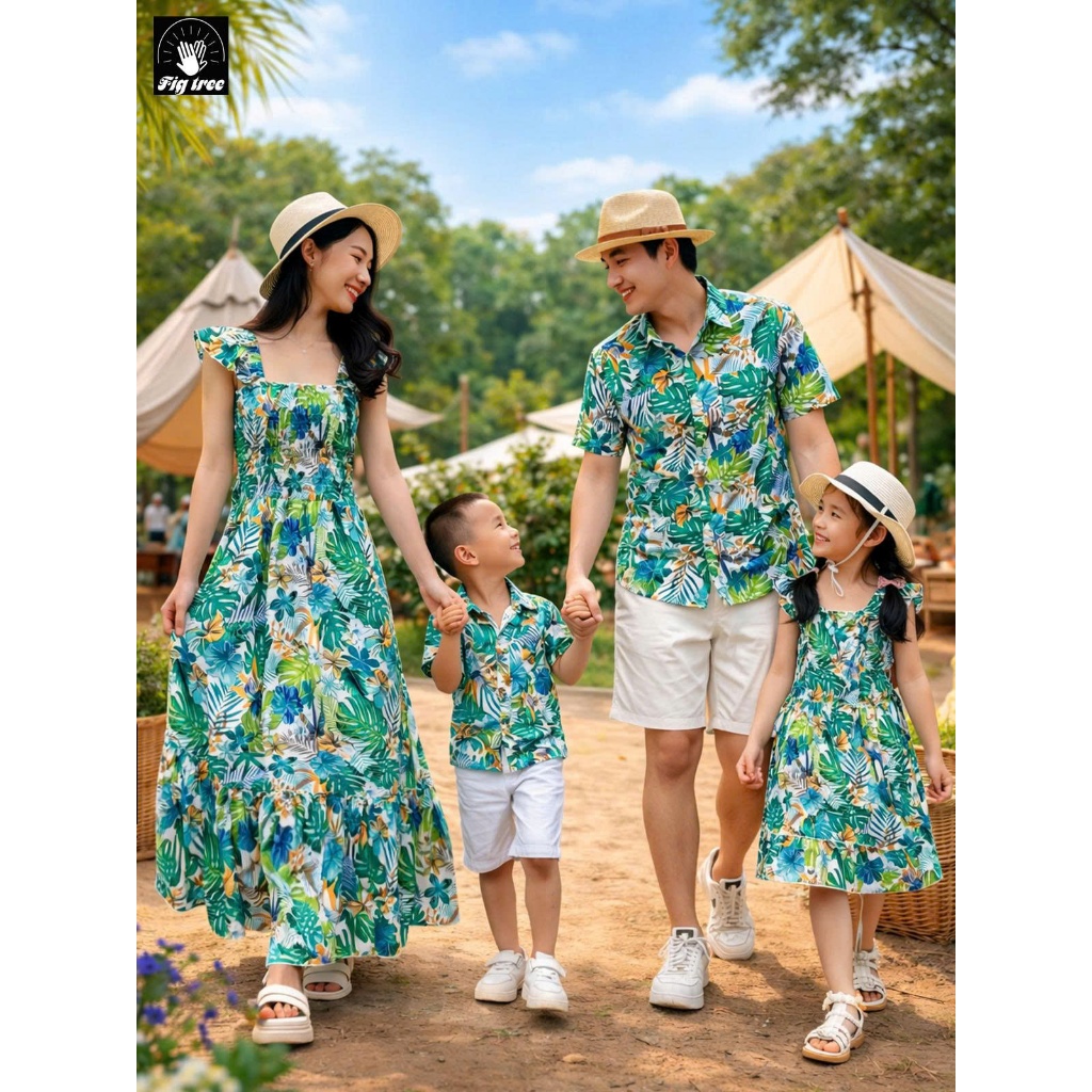 Đồng Phục Gia Đình Fig Tree Họa Tiết Chiếc Lá Xanh Đi Biển, Du Lịch, Check in Cực Xinh, MS 191