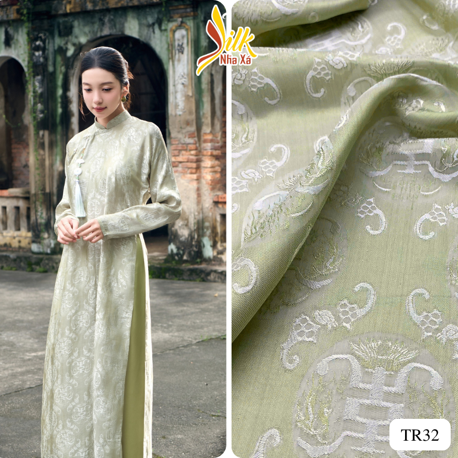 Lụa may áo dài nhaxasilk hoa văn thọ dơi màu xanh nõn chuối– TR32 ...