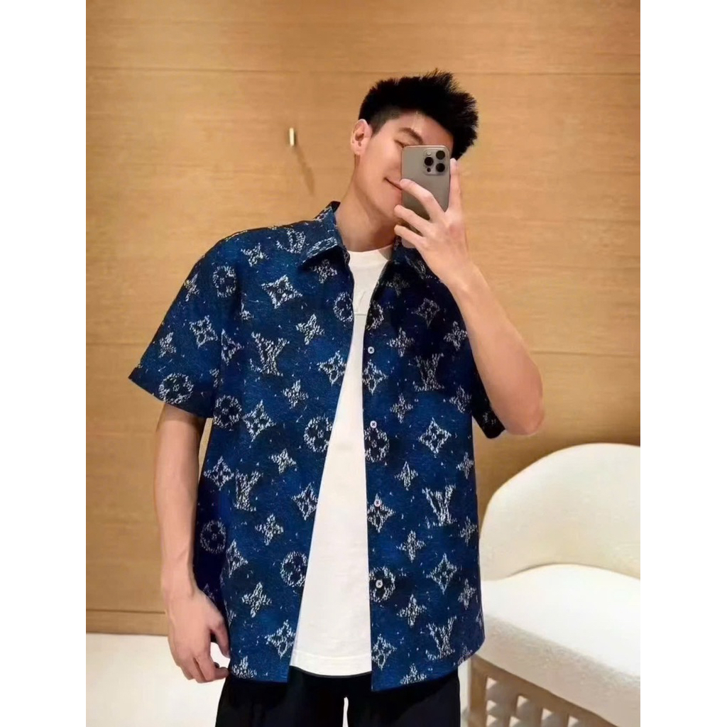 ⚡️[Hight Quality] Áo Sơ Mi \/ Nam Nữ Blue Shirts Black Ready To - Điểm Nhấn Hoa Xanh Phối Màu Cao Cấp Loại 1