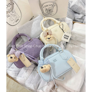 Túi Trống Chio BST Mới Da Lộn Kèm Charm Gấu Nơ Kẻ HS375
