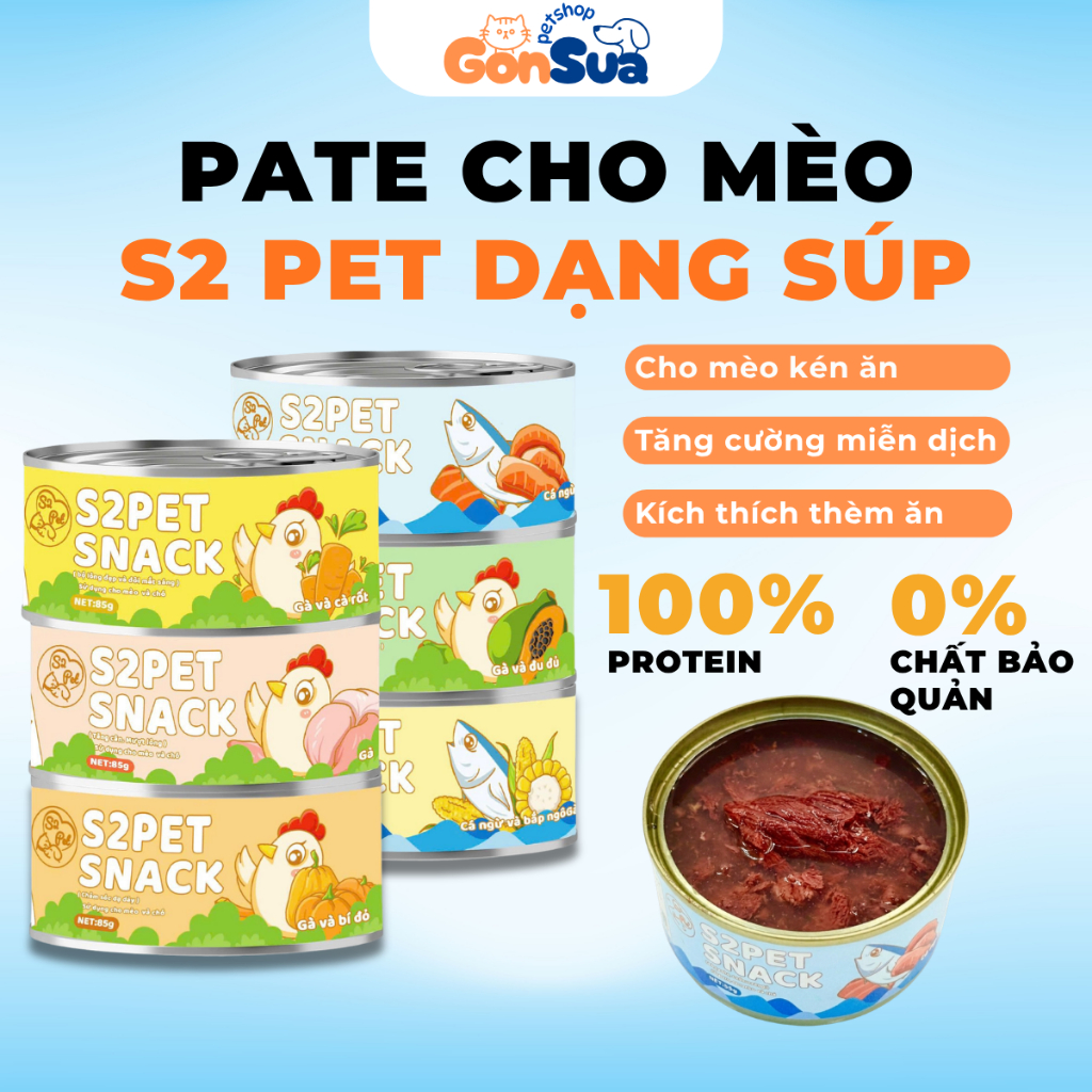 [Combo 20 lon] Pate Mèo S2Pet, Neeka Lon 85g Dạng Sốt Thịt, Pate S2Pet Cho Mèo Dạng Gravy Mix Rau Củ