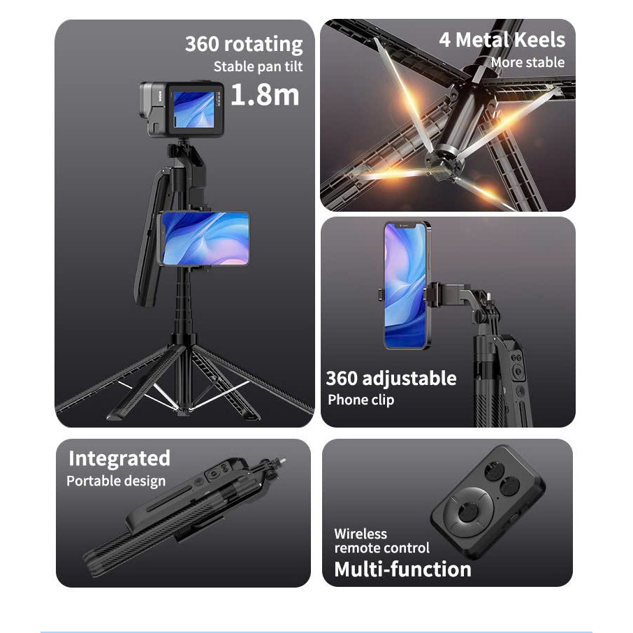 Gậy Chụp Ảnh 4 Chân Kết Gậy Selfie Tripod 4 Chân C12 1.8m HD Design - Chân Máy Ảnh Bluetooth Xoay 360°, Điều Khiển Từ Xa