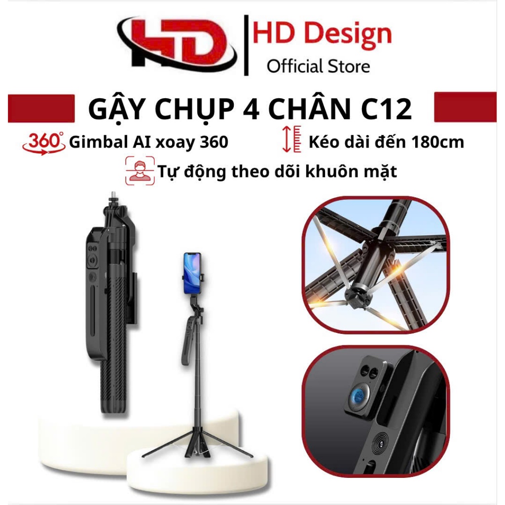 Gậy Chụp Ảnh 4 Chân Kết Gậy Selfie Tripod 4 Chân C12 1.8m HD Design - Chân Máy Ảnh Bluetooth Xoay 360°, Điều Khiển Từ Xa