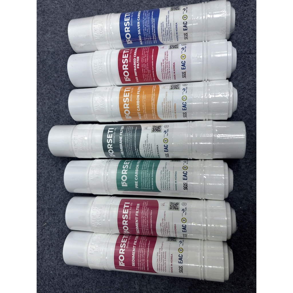 Combo 6 Lõi Lọc FORSETI Hàn Quốc Gồm 2 Sediment + 1 Pre Carbon + 1 RO Membrane + 1 Post Carbon + 1 Hydrogen Alkaline