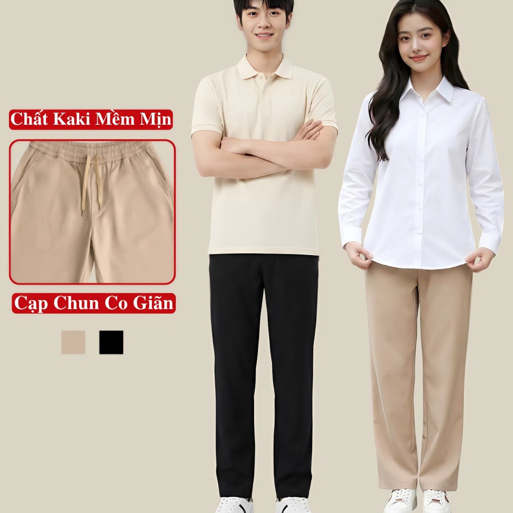 Quần Baggy Kaki Nam Nữ Unisex Cạp Chun Ống Đứng May Chuẩn Hàng Xuất, Quần Dài Kaki Baggy Unisex Nữ Nam Xốp Madela.