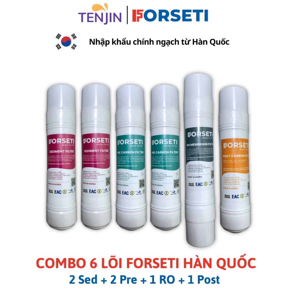Combo 6 Lõi Lọc Forseti Gồm 2 Sediment , 2 Pre Carbon, 1 RO Membrane,1 Post Carbon Hàn Quốc Model WPK-688