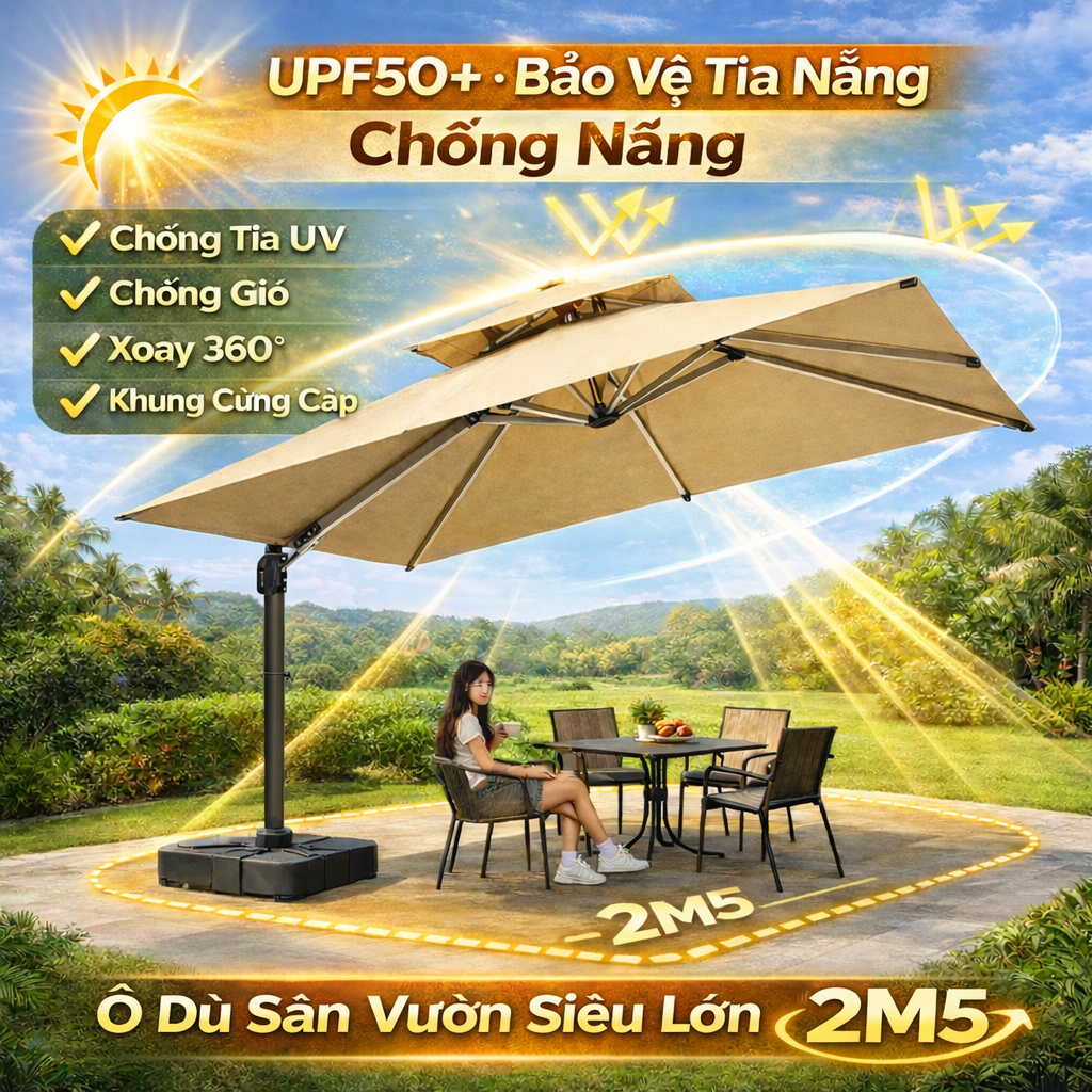 Dù Che Nắng Vuông 3m Cao Cấp Ô lệch tâm Xoay 360° Ô Ngoài Trời Sân Vườn Khung Nhôm Mái Chéo Chống Nắng Cho Quán Café