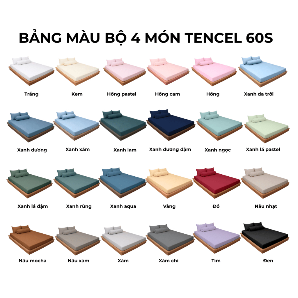Bộ ga gối 4 món nệm kích thước 1m6x2m, 1m8x2m, 2mx2m, 2m2x2m (Dày 5-12cm) Lụa Tencel 60s Mướt Bedding cao cấp trơn màu | BigBuy360 - bigbuy360.vn