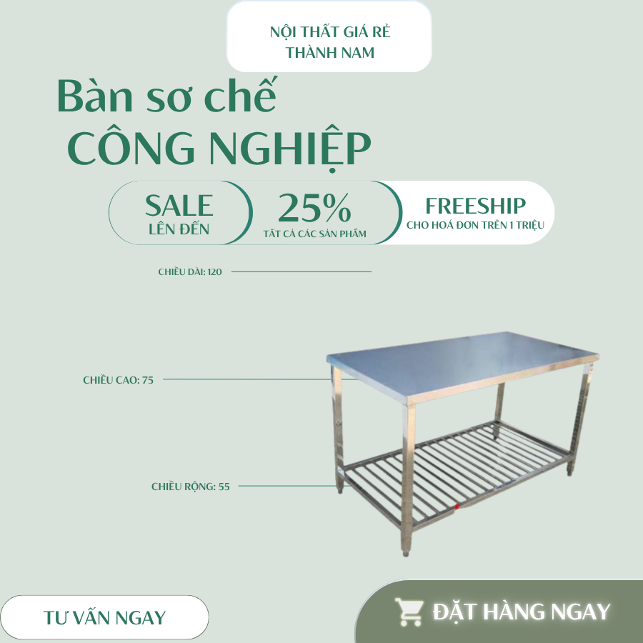 bàn sơ chế inox đủ kích thước 60x100x80