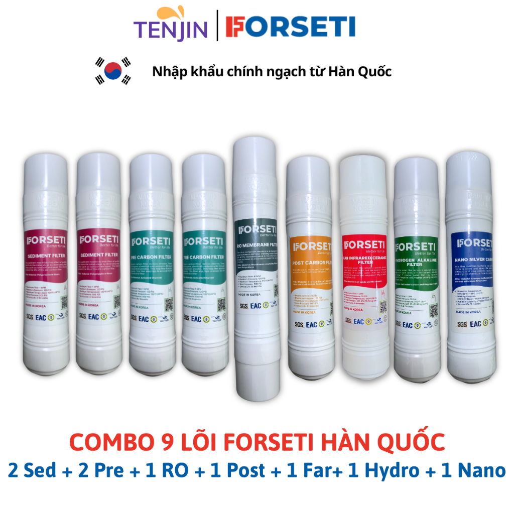 Combo 9 Lõi Lọc Forseti Gồm 2 Sed 2 Pre + 1 Màng RO + 1 Post 1 Infrared 1 Hydrogen 1 Nano Model WPK-910, WPK-915...