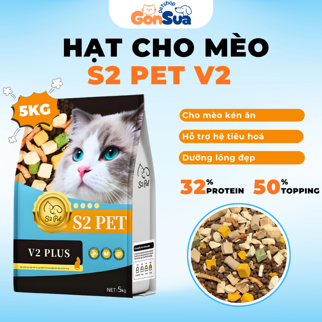 [Túi 5kg] Hạt Cho Mèo S2Pet V1 V2 V3 Đạm Cao 32% Giúp Tăng Cân Nhanh, Hỗ Trợ Tiêu Hoá Và Tiết Niệu