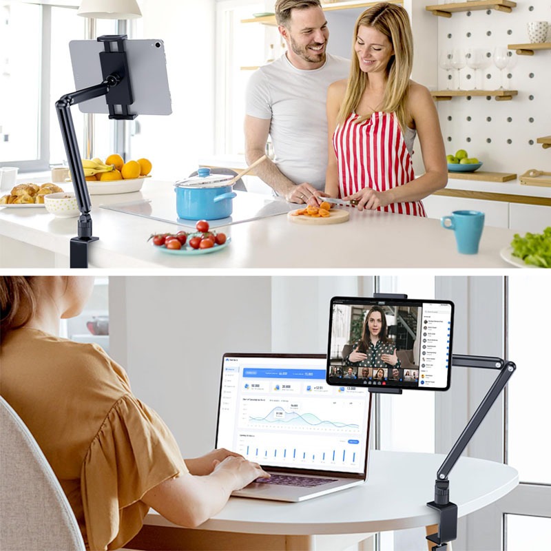 Giá đỡ điện thoại, kẹp ipad cạnh bàn, đầu giường thân nhôm xếp mở thông minh xoay 360 độ chắc chắn quay video đa năng
