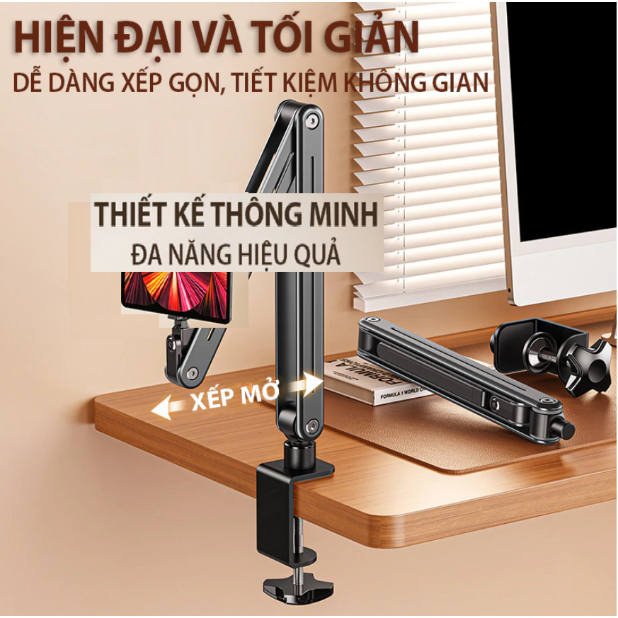 Giá đỡ điện thoại, kẹp ipad cạnh bàn, đầu giường thân nhôm xếp mở thông minh xoay 360 độ chắc chắn quay video đa năng