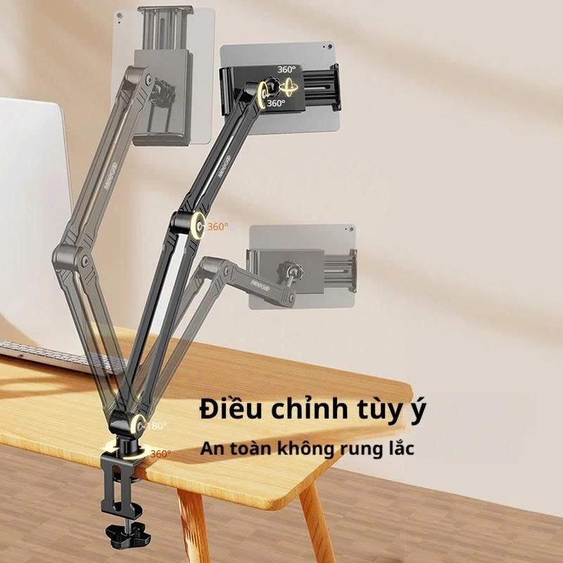 Giá đỡ điện thoại, kẹp ipad cạnh bàn, đầu giường thân nhôm xếp mở thông minh xoay 360 độ chắc chắn quay video đa năng