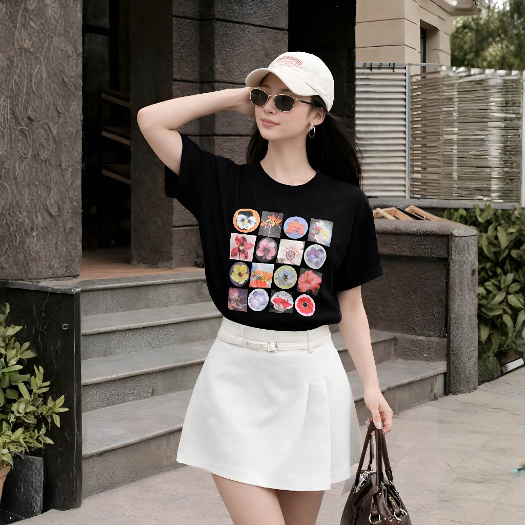 Áo Thun Boxi Ô Hoa Đen Năng Động, Chất Cotton Mềm Mịn, Có Kèm Hình Thật.