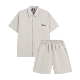 Bộ Quần Áo Nam Chất Kaki Hàn Cao Cấp Áo Sơ Mi Tay Ngắn + Quần Short Lưng Thun Form Rộng Thoáng Mát