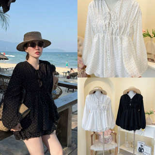 SEP House - Set tơ chấm bi cột nơ babydoll tay dài phối chân váy bí bồng bênh đen trắng sang trọng - Hàng loại 1