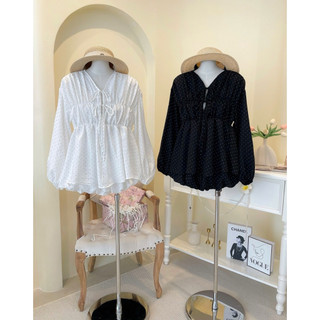 SEP House - Set tơ chấm bi cột nơ babydoll tay dài phối chân váy bí bồng bênh đen trắng sang trọng - Hàng loại 1