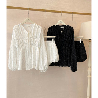 SEP House - Set tơ chấm bi cột nơ babydoll tay dài phối chân váy bí bồng bênh đen trắng sang trọng - Hàng loại 1