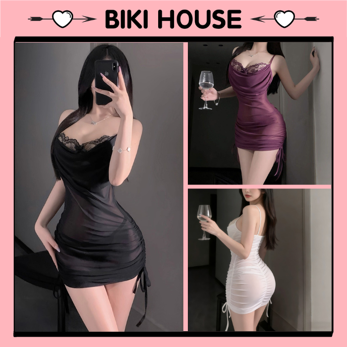 Váy ngủ ren cổ đổ dây rút hông siêu đẹp gợi cảm đầm 2 dây ôm body kèm