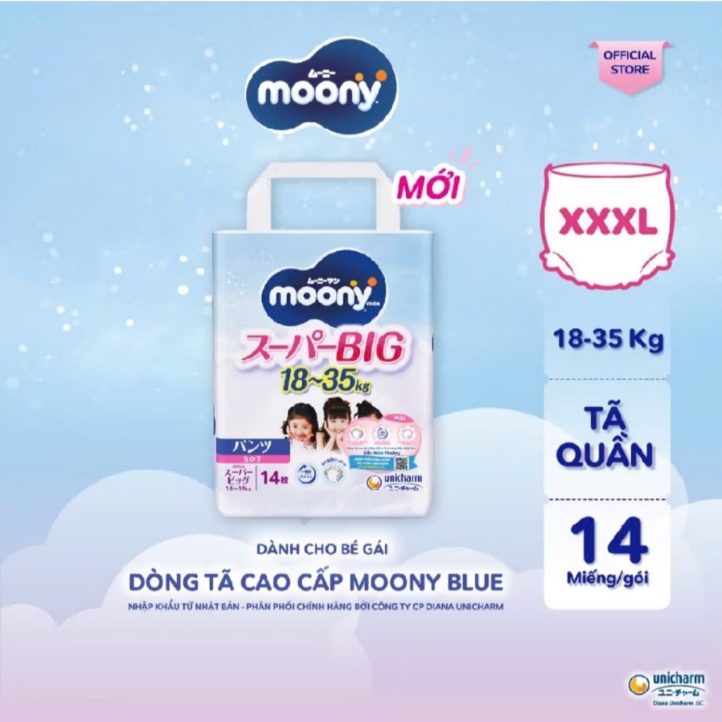 Tã bỉm quần Moony Blue cao cấp bé Trai/bé Gái M52/L44/XL38/XXL26/XXXL14