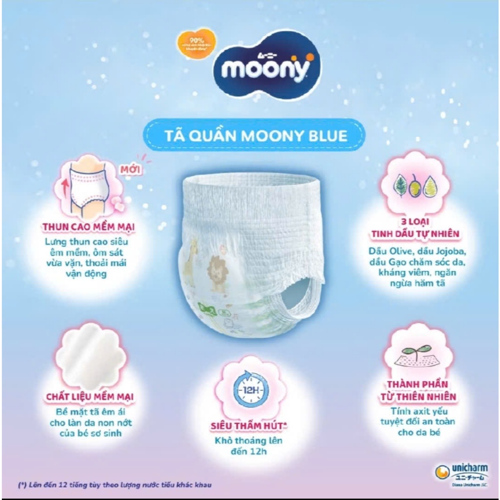 Tã bỉm quần Moony Blue cao cấp bé Trai/bé Gái M52/L44/XL38/XXL26/XXXL14