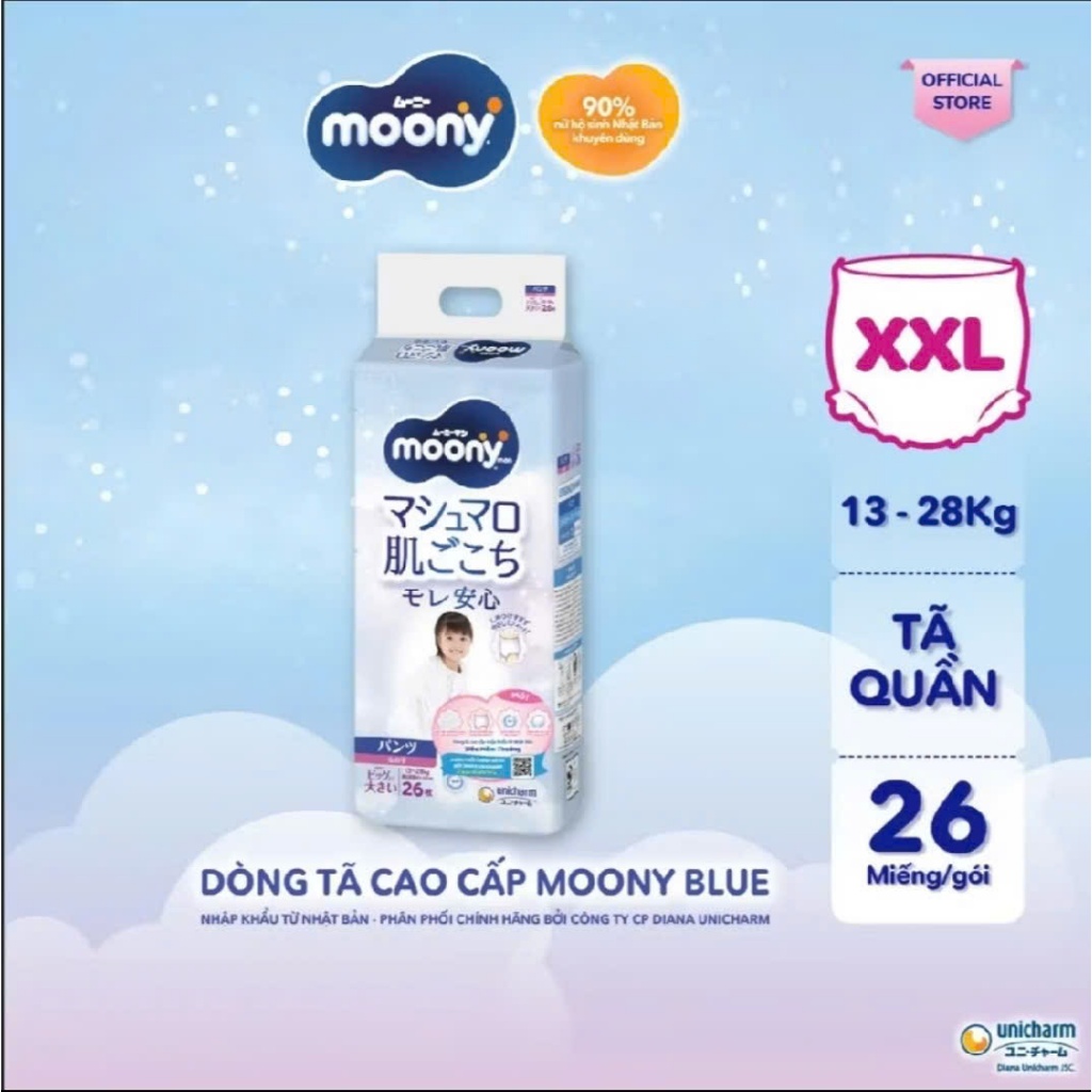 Tã bỉm quần Moony Blue cao cấp bé Trai/bé Gái M52/L44/XL38/XXL26/XXXL14