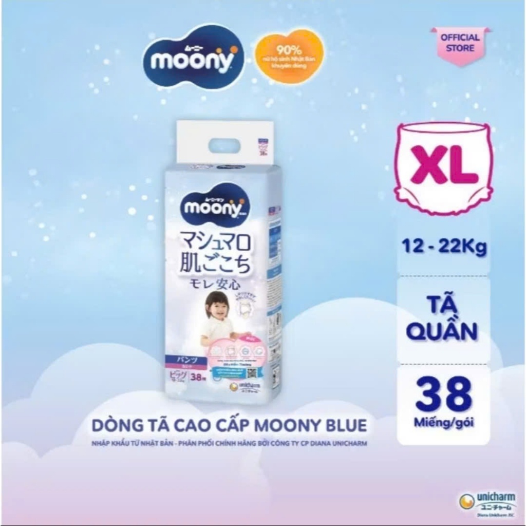 Tã bỉm quần Moony Blue cao cấp bé Trai/bé Gái M52/L44/XL38/XXL26/XXXL14