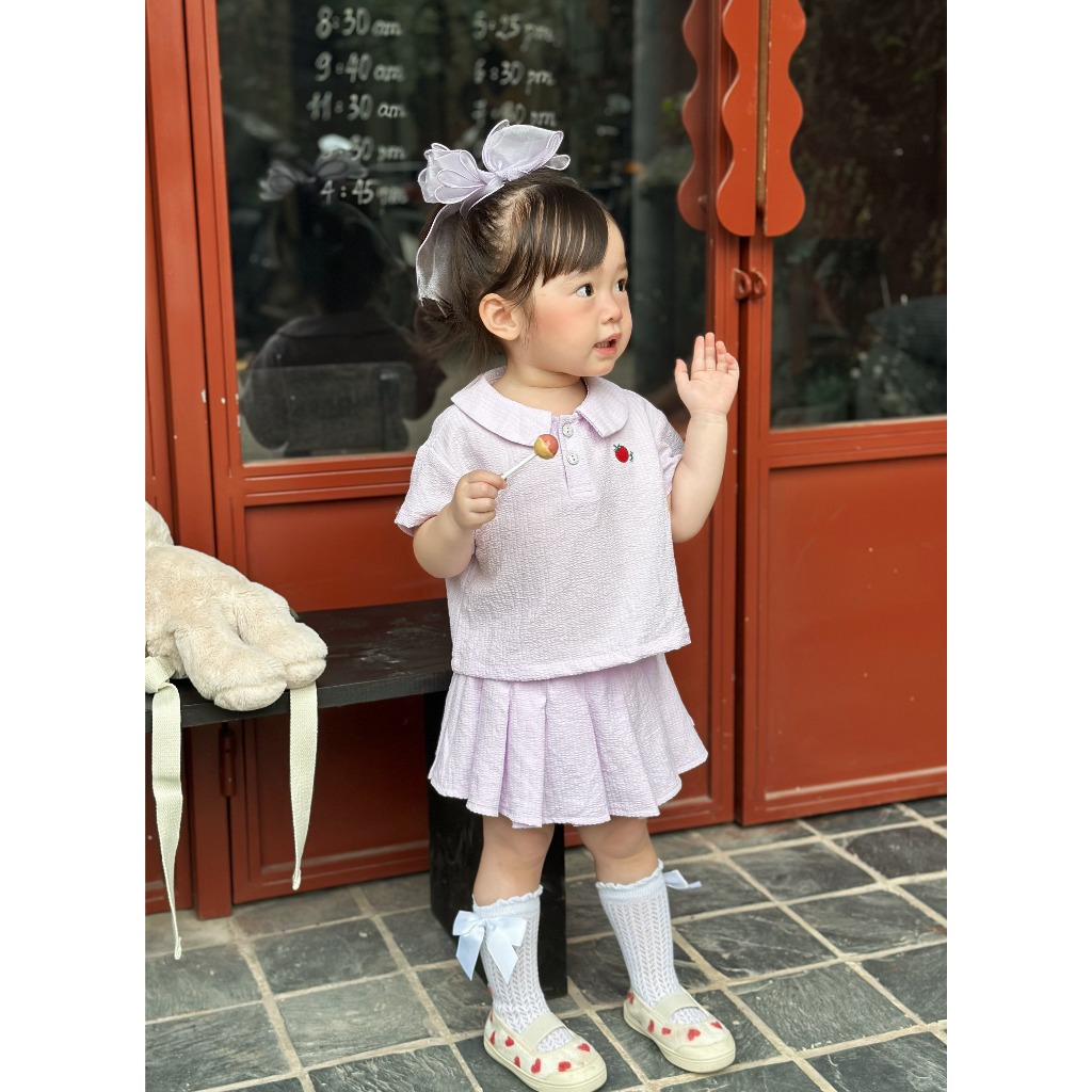 Bộ Sơ Mi Cộc Tay Bé Gái Mùa Hè Chân Váy Xếp Ly Obebi Từ 6-22KG SB38